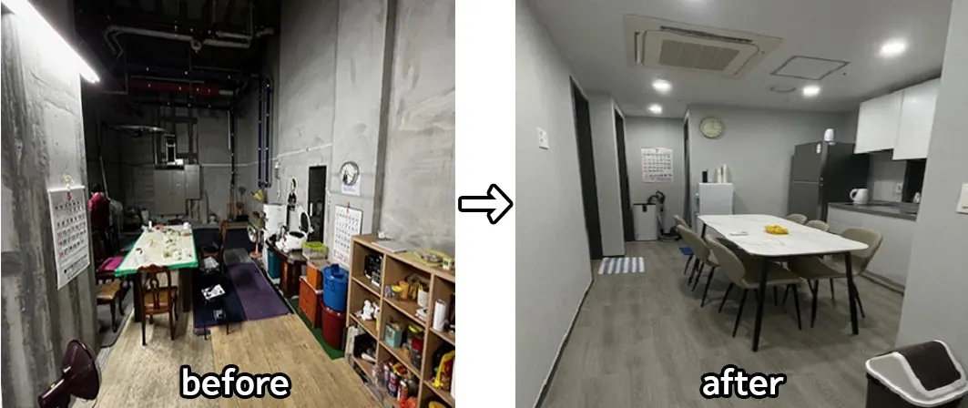시 지원사업 추진 전 지하 피트층 설치된 경비·청소 노동자 휴게실과 개선 완료한 경비·청소 노동자 휴게실 전후사진 2,3. 시 지원사업을 통해 개선 완료한 경비·청소 노동자 휴게실