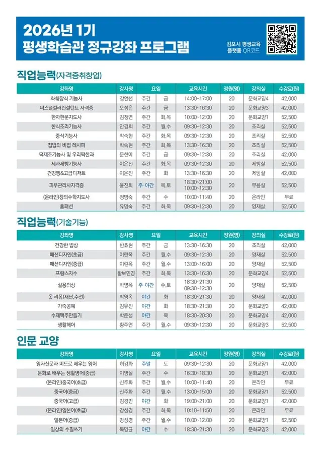 김포 평생학습관 정규강좌 1182명 모집…20일부터 접수 사진 1