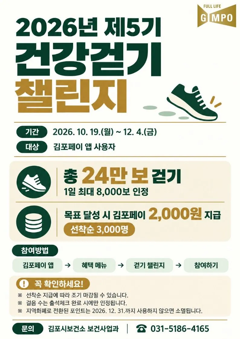 김포페이 걷기 챌린지 24만 보 달성하면 2,000원 지급