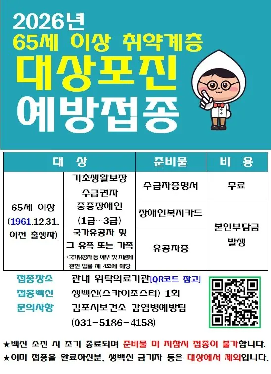 김포시, 65세 취약계층 대상포진 접종 지원